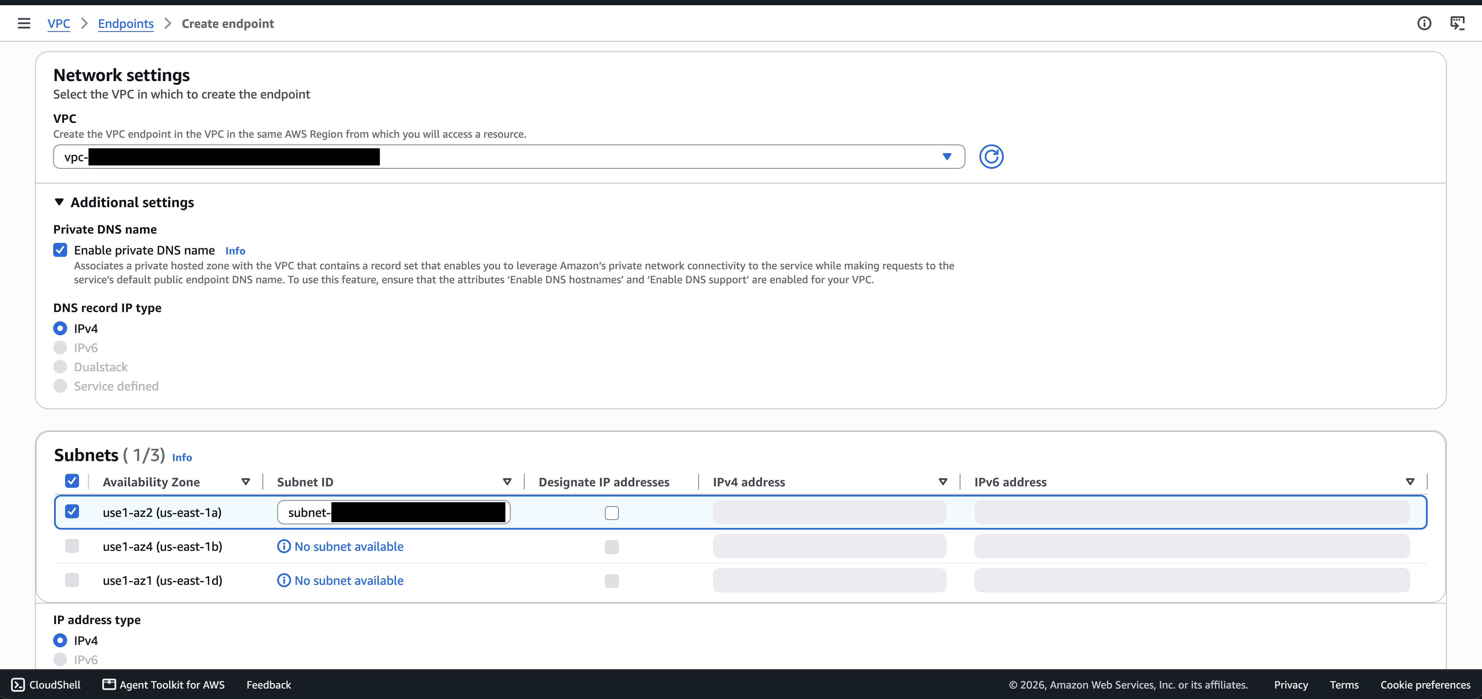Enable private DNS name selected under Additional settings Enable private DNS name selected under Additional settings